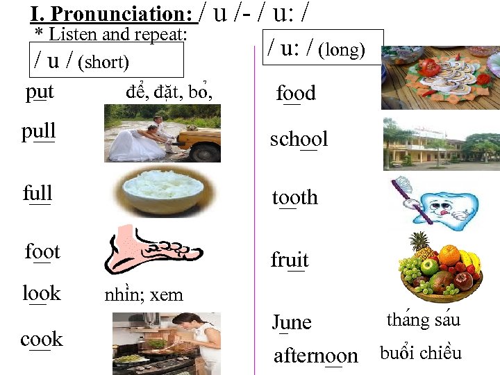 I. Pronunciation: / * Listen and repeat: / u / (short) put đê ,