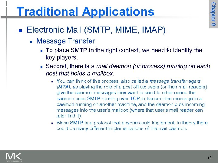 Chapter 9 Traditional Applications n Electronic Mail (SMTP, MIME, IMAP) n Message Transfer n