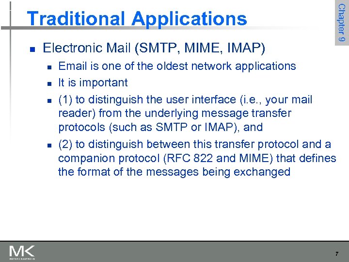 Chapter 9 Traditional Applications n Electronic Mail (SMTP, MIME, IMAP) n n Email is