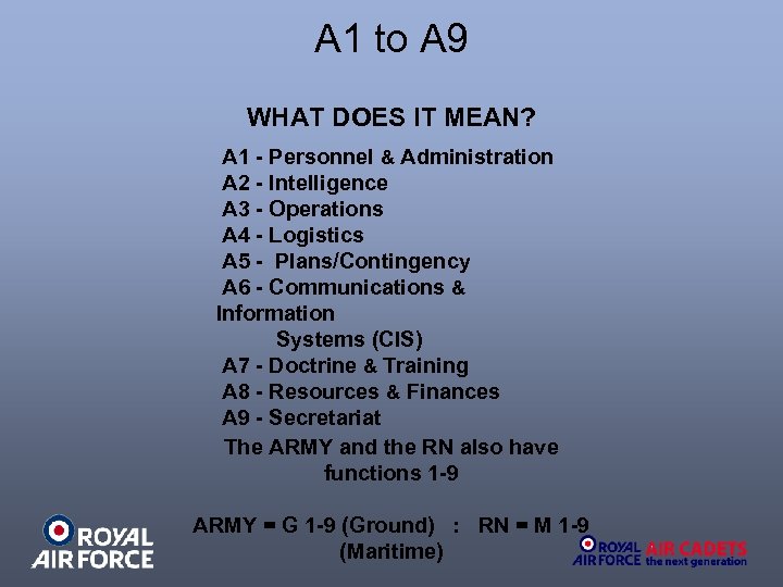 A 1 to A 9 WHAT DOES IT MEAN? A 1 - Personnel &