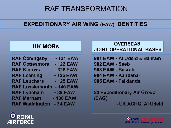 RAF TRANSFORMATION EXPEDITIONARY AIR WING (EAW) IDENTITIES UK MOBs OVERSEAS JOINT OPERATIONAL BASES RAF