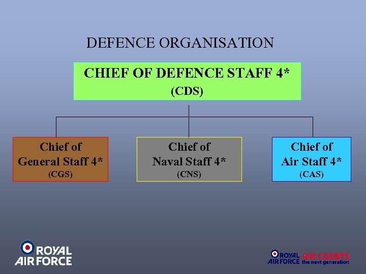 DEFENCE ORGANISATION CHIEF OF DEFENCE STAFF 4* (CDS) Chief of General Staff 4* Chief