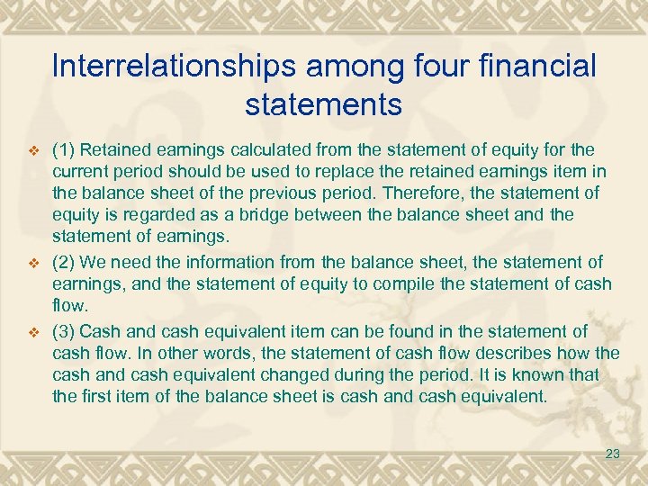 Interrelationships among four financial statements v v v (1) Retained earnings calculated from the