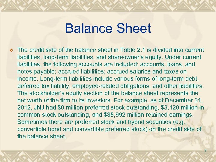 Balance Sheet v The credit side of the balance sheet in Table 2. 1