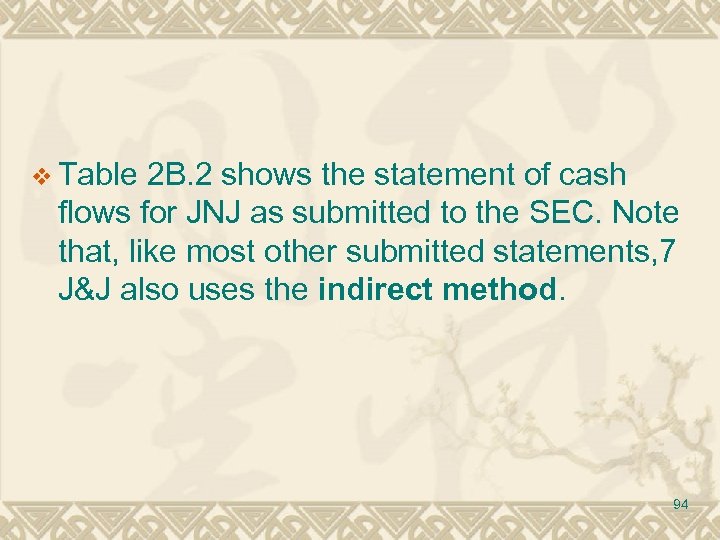 v Table 2 B. 2 shows the statement of cash flows for JNJ as