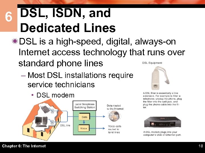 6 DSL, ISDN, and Dedicated Lines ïDSL is a high-speed, digital, always-on Internet access