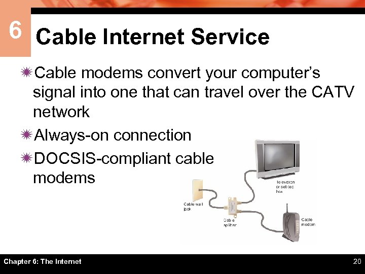 6 Cable Internet Service ïCable modems convert your computer’s signal into one that can