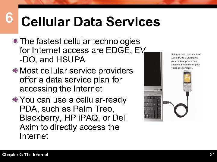 6 Cellular Data Services ï The fastest cellular technologies for Internet access are EDGE,