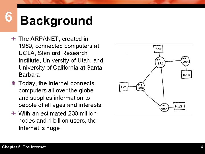 6 Background ï The ARPANET, created in 1969, connected computers at UCLA, Stanford Research