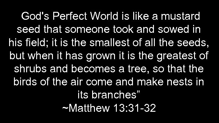 “God's Perfect World is like a mustard seed that someone took and sowed in