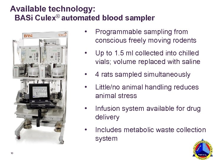 Available technology: BASi Culex® automated blood sampler • • Up to 1. 5 ml