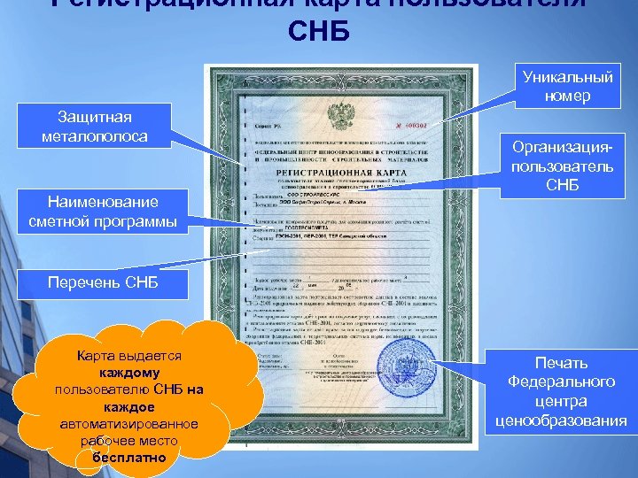 Регистрационная карта пользователя СНБ Уникальный номер Защитная металополоса Наименование сметной программы Организацияпользователь СНБ Перечень