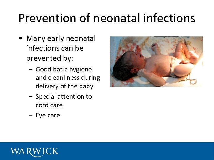 Prevention of neonatal infections • Many early neonatal infections can be prevented by: –