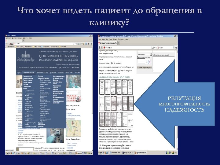 Что хочет видеть пациент до обращения в клинику? РЕПУТАЦИЯ МНОГОПРОФИЛЬНОСТЬ НАДЕЖНОСТЬ 