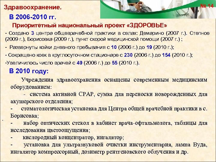 Здравоохранение. № 14 В 2006 -2010 гг. Приоритетный национальный проект «ЗДОРОВЬЕ» - Создано 3