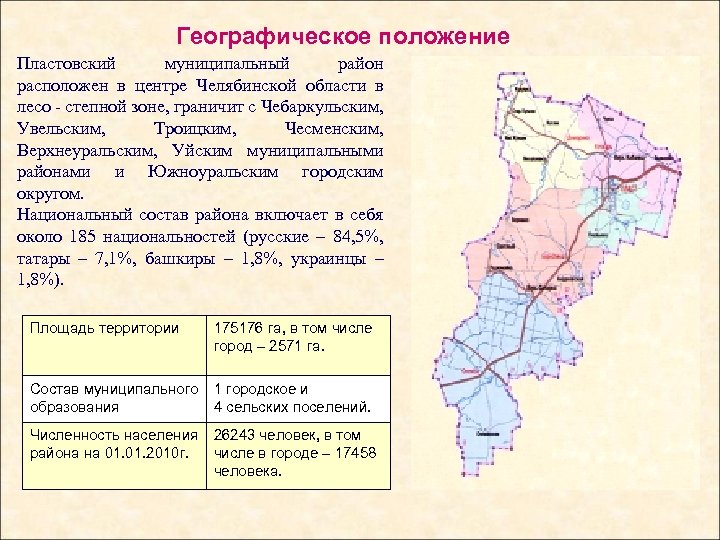 Географическое положение Пластовский муниципальный район расположен в центре Челябинской области в лесо - степной