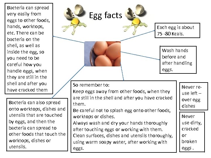 Bacteria can spread very easily from eggs to other foods, hands, worktops, etc. There