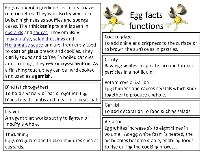 Eggs can bind ingredients as in meatloaves or croquettes. They can also leaven such