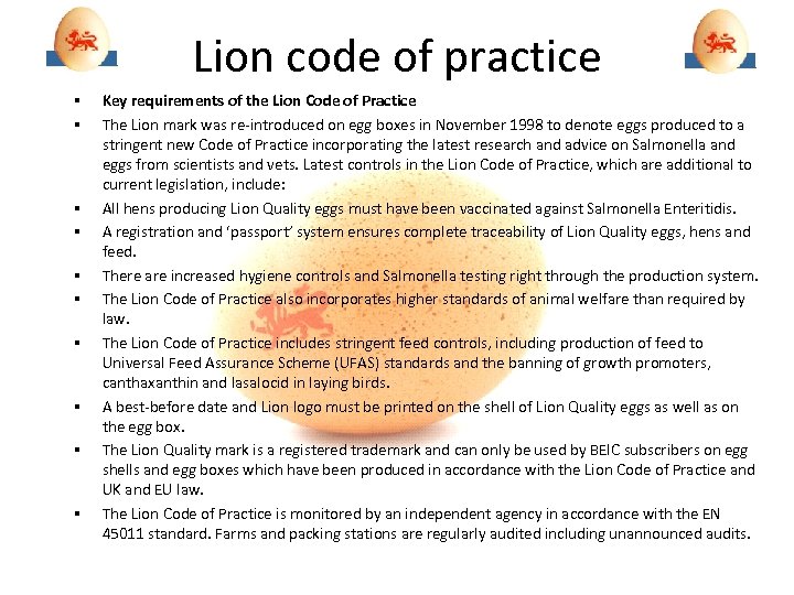 Lion code of practice § § § § § Key requirements of the Lion