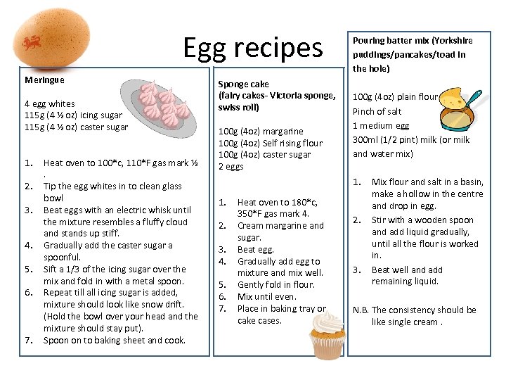 Egg recipes Meringue 4 egg whites 115 g (4 ½ oz) icing sugar 115
