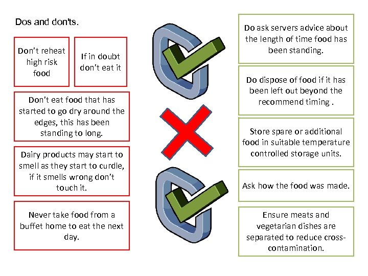 Dos and don'ts. Don’t reheat high risk food If in doubt don’t eat it