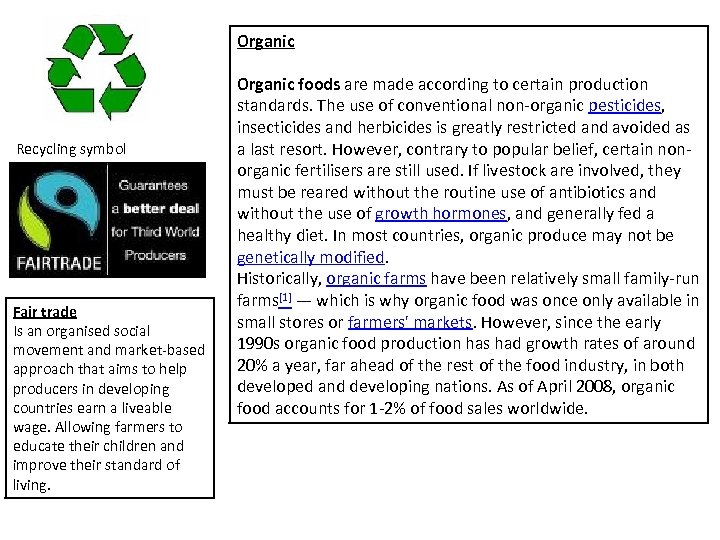 Organic Recycling symbol Fair trade Is an organised social movement and market-based approach that