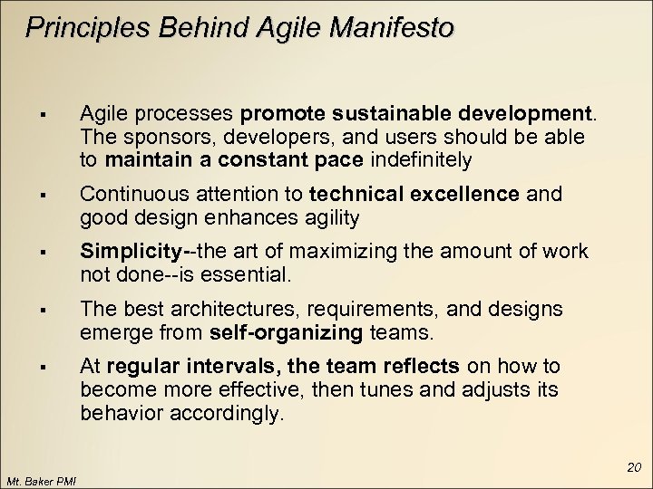 Principles Behind Agile Manifesto § Agile processes promote sustainable development. The sponsors, developers, and