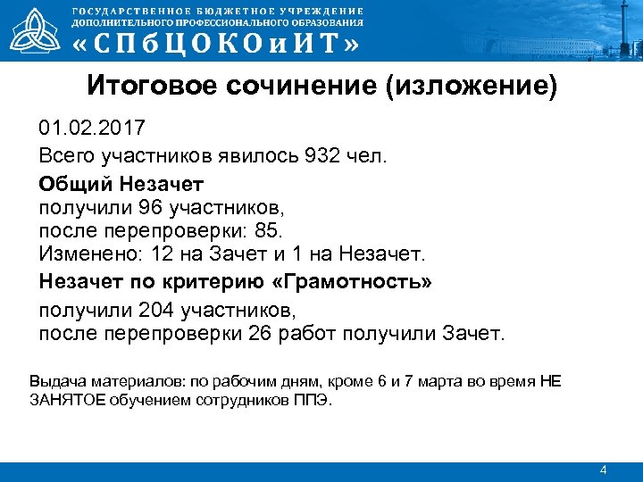 Итоговое сочинение (изложение) 01. 02. 2017 Всего участников явилось 932 чел. Общий Незачет получили