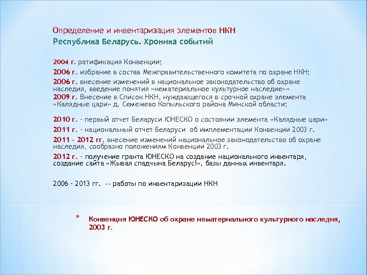 Определение и инвентаризация элементов НКН Республика Беларусь. Хроника событий 2004 г. ратификация Конвенции; 2006