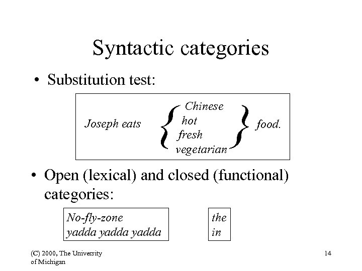 Syntactic categories • Substitution test: Joseph eats { Chinese hot fresh vegetarian } food.