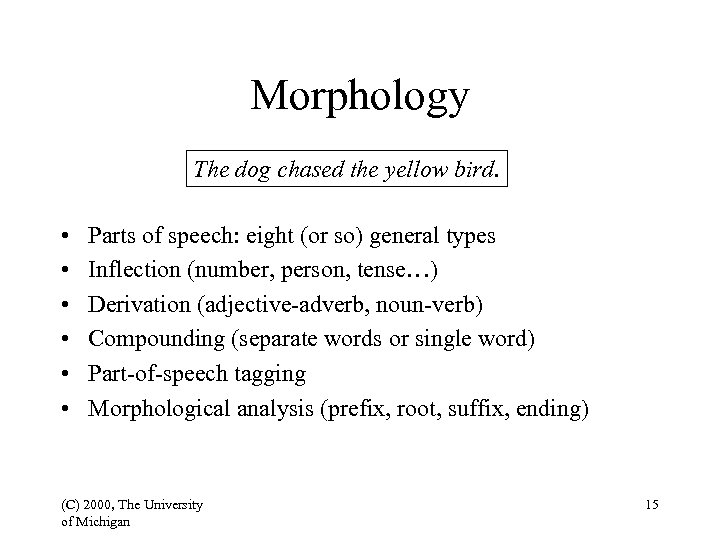 Morphology The dog chased the yellow bird. • • • Parts of speech: eight