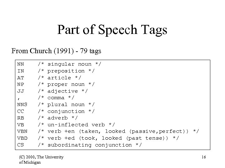 Part of Speech Tags From Church (1991) - 79 tags NN IN AT NP
