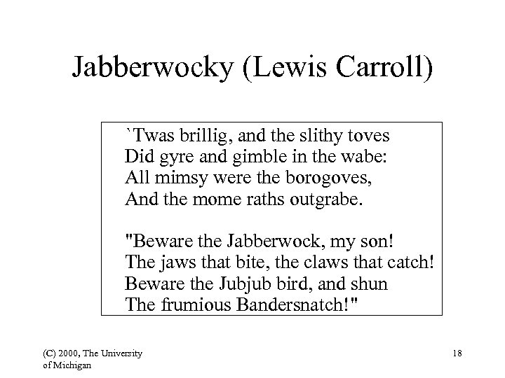 Jabberwocky (Lewis Carroll) `Twas brillig, and the slithy toves Did gyre and gimble in