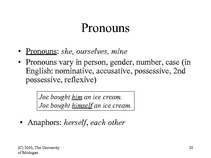 Pronouns • Pronouns: she, ourselves, mine • Pronouns vary in person, gender, number, case