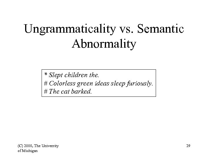 Ungrammaticality vs. Semantic Abnormality * Slept children the. # Colorless green ideas sleep furiously.