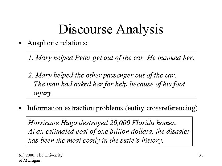 Discourse Analysis • Anaphoric relations: 1. Mary helped Peter get out of the car.