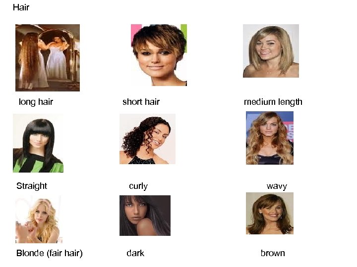 Hair long hair short hair Straight curly Blonde (fair hair) dark medium length wavy