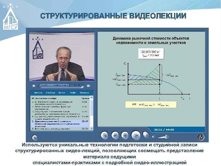 СТРУКТУРИРОВАННЫЕ ВИДЕОЛЕКЦИИ Используются уникальные технологии подготовки и студийной записи структурированных видео-лекций, позволяющих совмещать представление