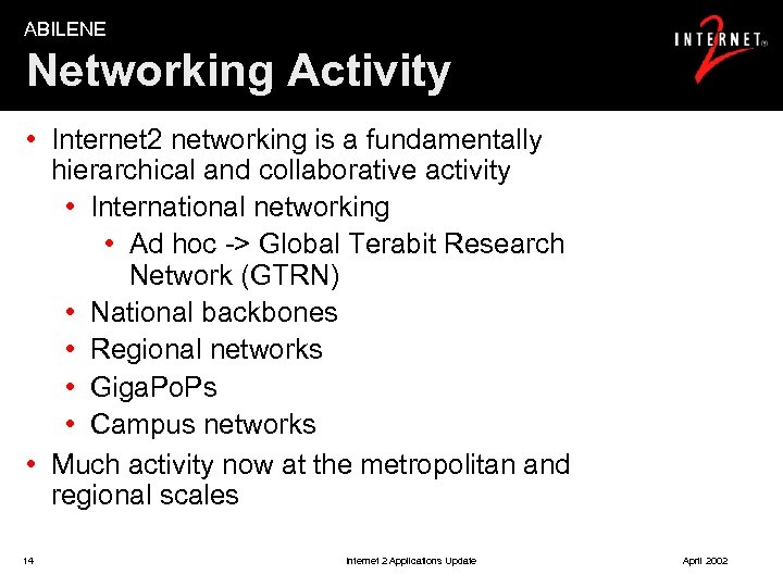 ABILENE Networking Activity • Internet 2 networking is a fundamentally hierarchical and collaborative activity