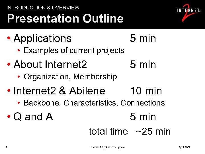 INTRODUCTION & OVERVIEW Presentation Outline • Applications 5 min • Examples of current projects