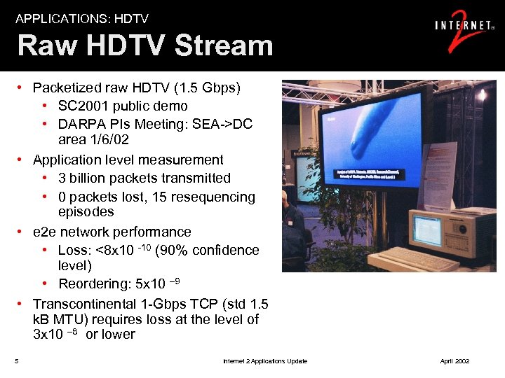 APPLICATIONS: HDTV Raw HDTV Stream • Packetized raw HDTV (1. 5 Gbps) • SC