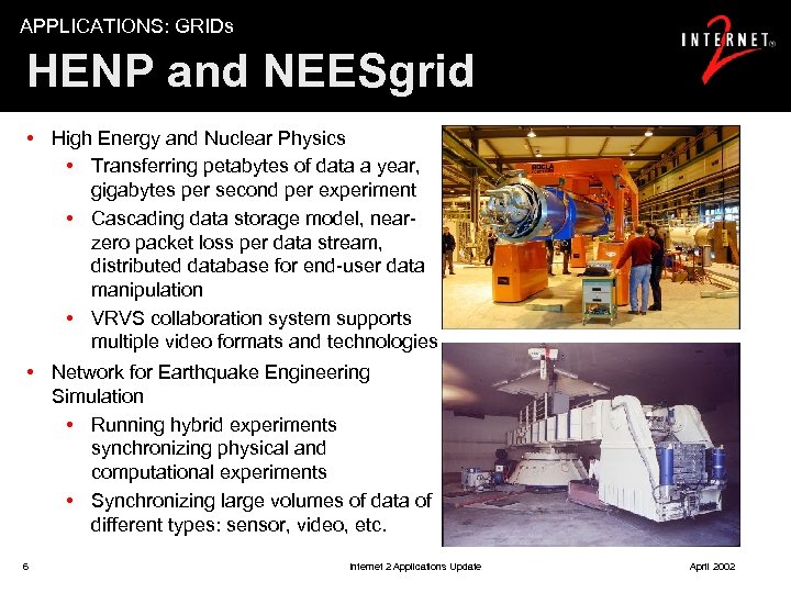 APPLICATIONS: GRIDs HENP and NEESgrid • High Energy and Nuclear Physics • Transferring petabytes