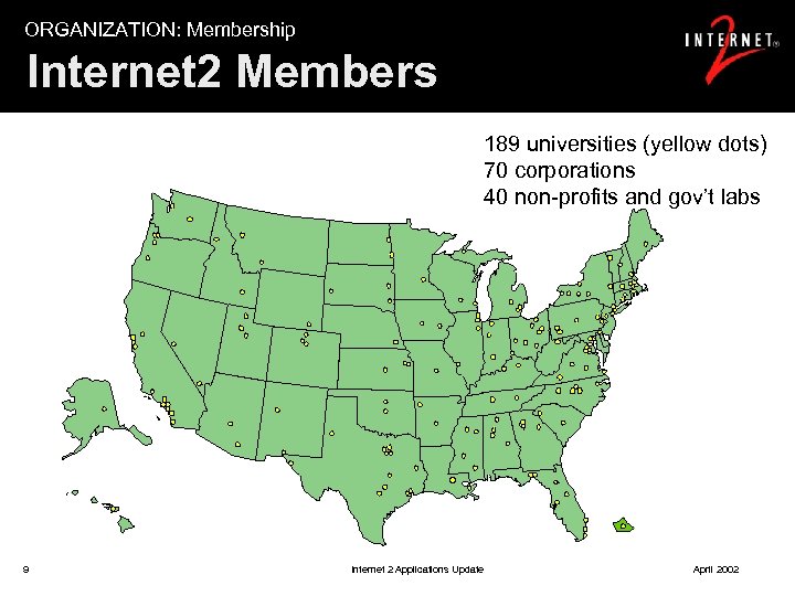 ORGANIZATION: Membership Internet 2 Members 189 universities (yellow dots) 70 corporations 40 non-profits and
