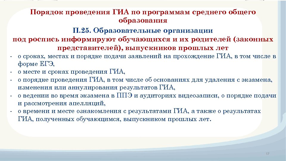 Порядок проведения ГИА по программам среднего общего образования П. 25. Образовательные организации под роспись