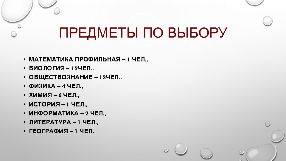 ПРЕДМЕТЫ ПО ВЫБОРУ • • • МАТЕМАТИКА ПРОФИЛЬНАЯ – 1 ЧЕЛ. , БИОЛОГИЯ –