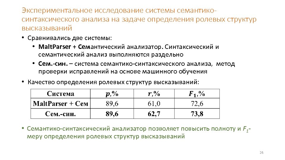 Экспериментальное исследование системы семантикосинтаксического анализа на задаче определения ролевых структур высказываний • Сравнивались две
