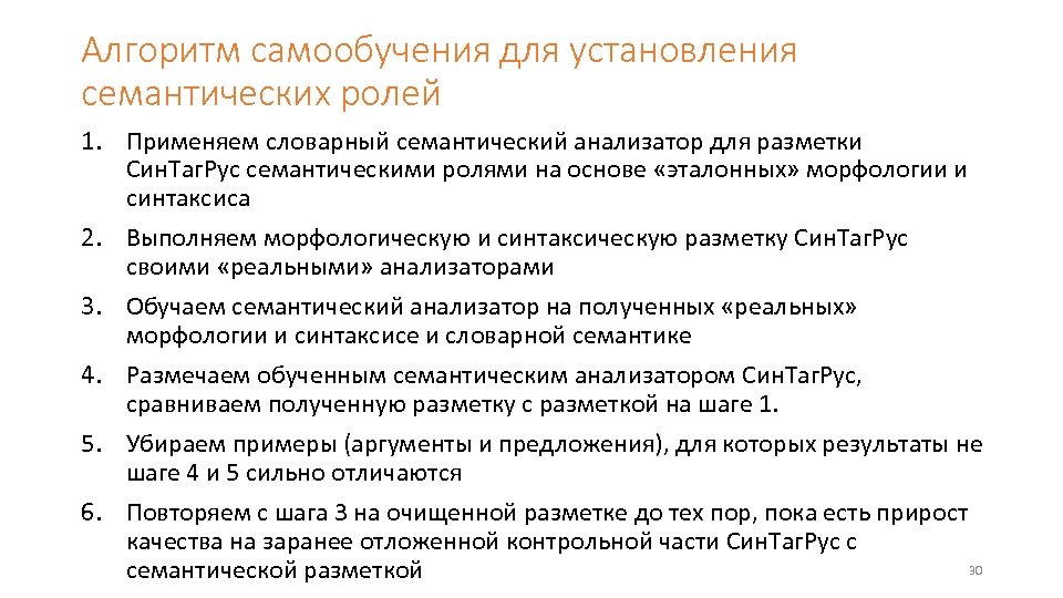 Алгоритм самообучения для установления семантических ролей 1. Применяем словарный семантический анализатор для разметки Син.