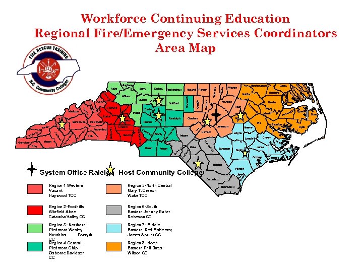 Workforce Continuing Education Regional Fire/Emergency Services Coordinators Area Map Wilkes Yadkin Avery Forsyth r