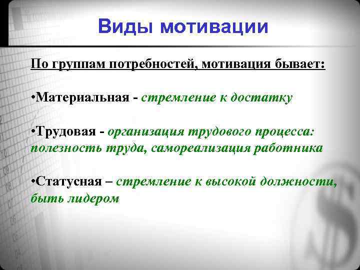 Виды мотивации По группам потребностей, мотивация бывает: • Материальная - стремление к достатку •
