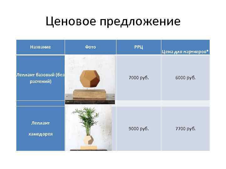 Ценовое предложение Название Фото РРЦ Цена для партнеров* Леплант базовый (без растений) 7000 руб.